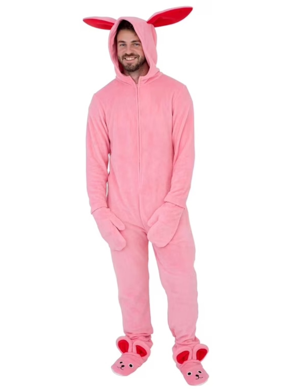 A Christmas Stoey Men’s Pink Bunny One-Piece Hooded Pajamas Costume XXL